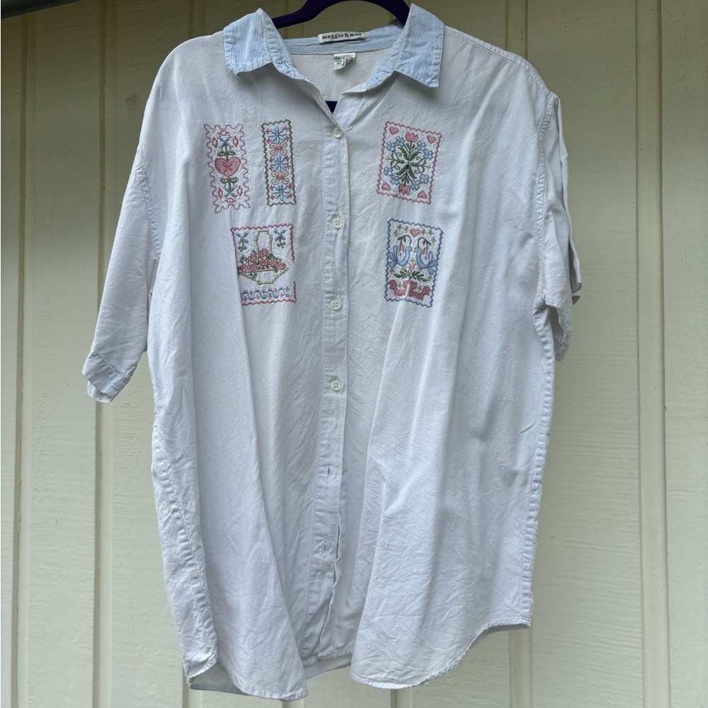 Vintage White Button Down Shirt with Embroidered Design - AS IS